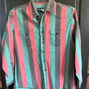 Wrangler Men's Striped Button Down Shirt - Pink, Teal, Gray